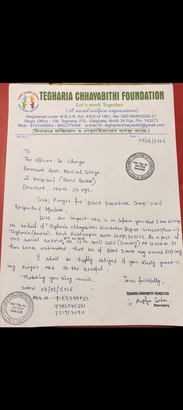 Application letter to Barasat Govt Medical College Blood Bank from partner foundation, formalising the upcoming camp